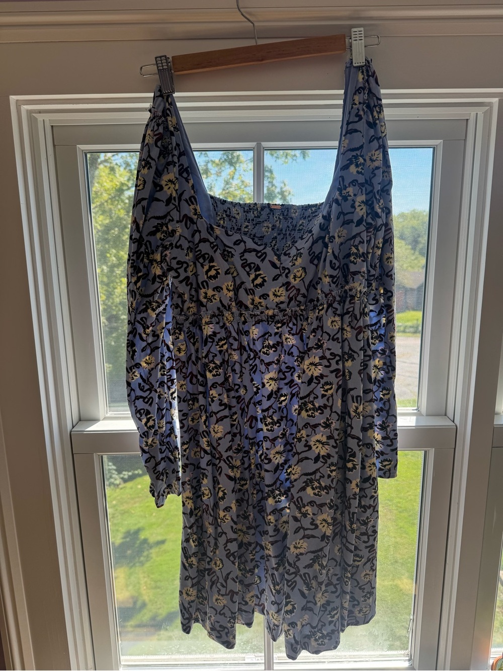 Free People Pale Blue Floral Long Sleeve Smocked Dress